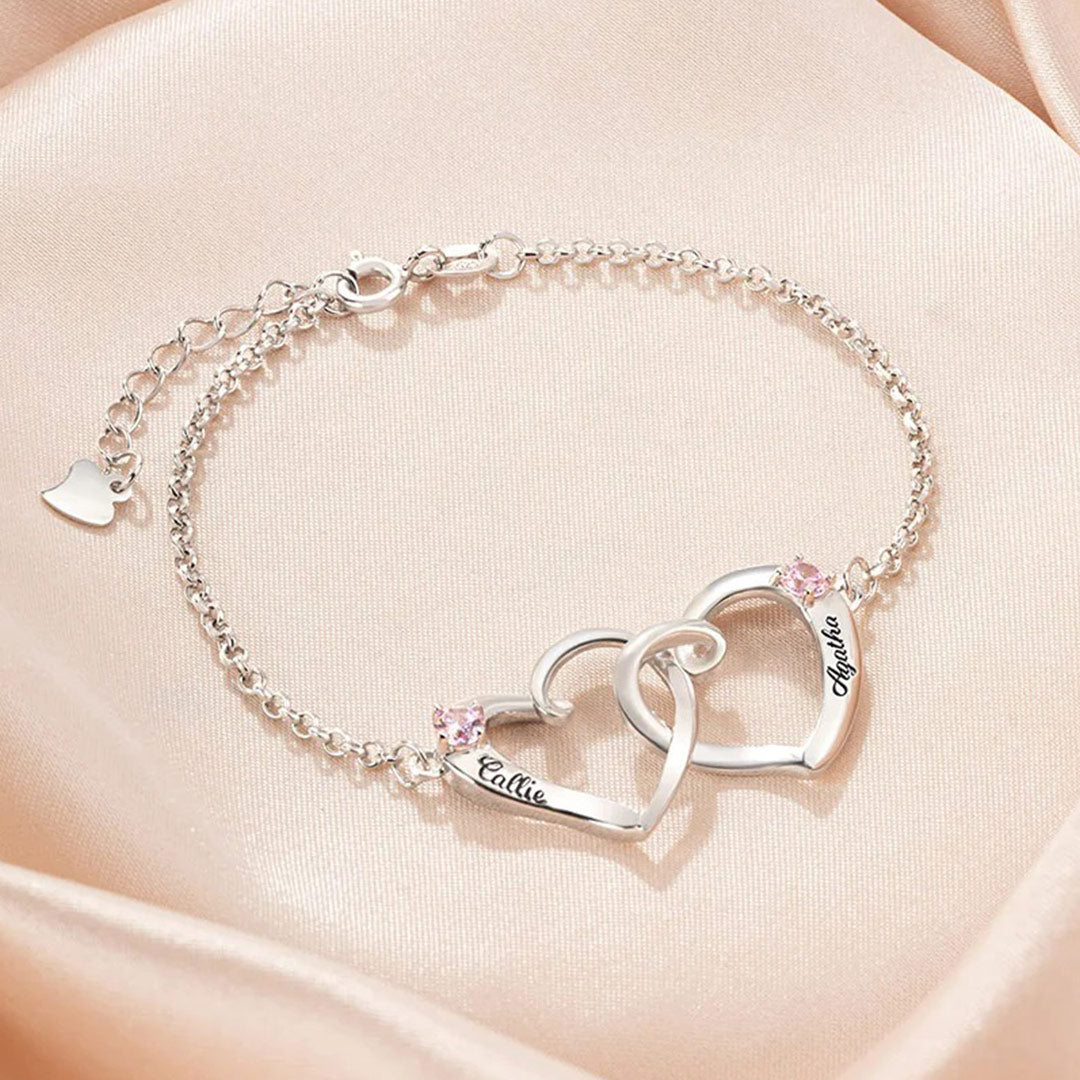 For Love - Custom Names & Birthstones Interlocking Double Hearts Bracelet