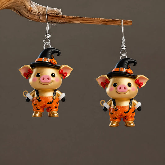 Golden Pig Overalls Red Bow Halloween Earrings