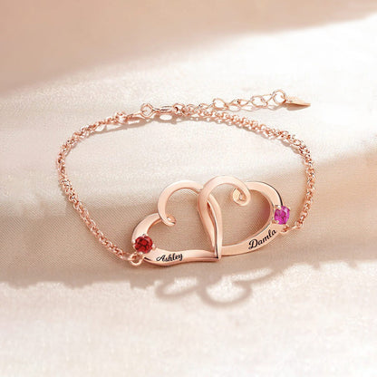 For Love - Custom Names & Birthstones Interlocking Double Hearts Bracelet