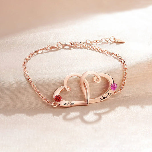 For Love - Custom Names & Birthstones Interlocking Double Hearts Bracelet