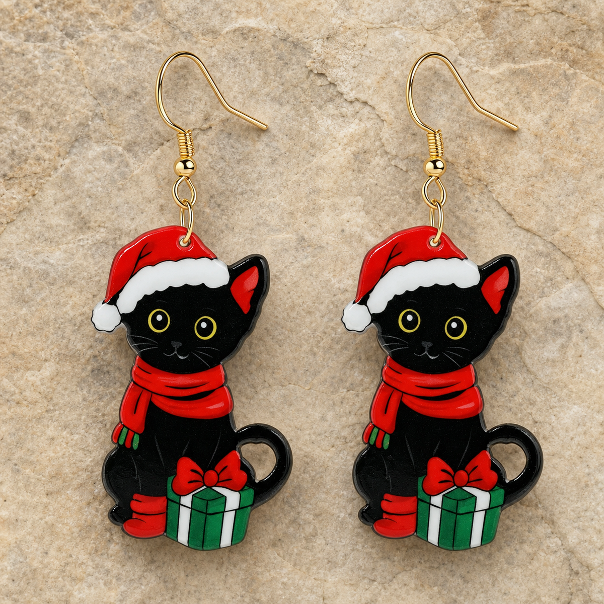 Vintage Christmas Black Cat Drop Earrings