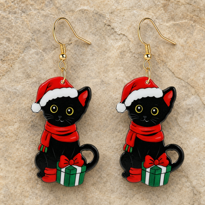 Vintage Christmas Black Cat Drop Earrings