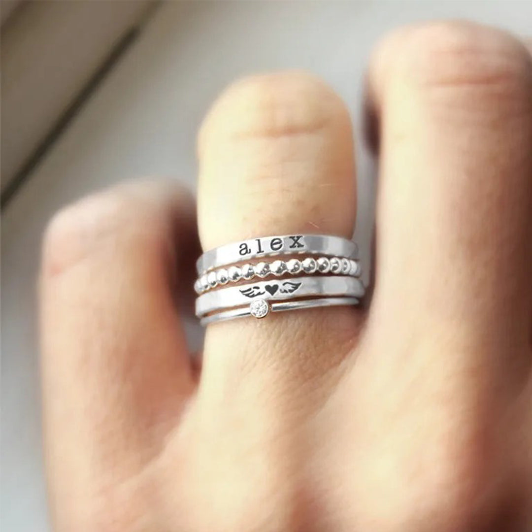 Mama Of An Angel Custom Name Stacked Ring - 4 Rings Set