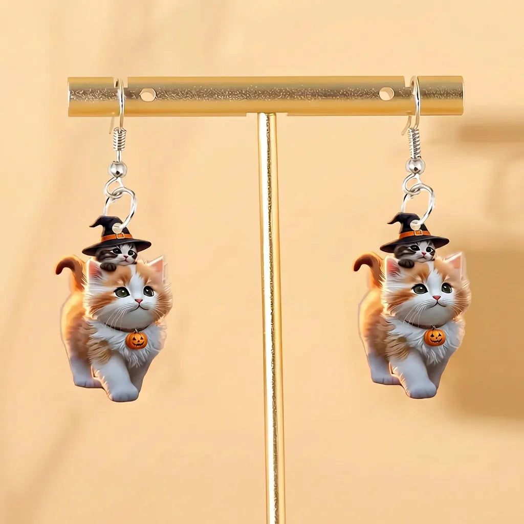 Two Cats Witch Hat Pumpkin Collar Cute Halloween Hook Earrings