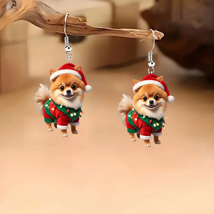 Charming Christmas Pomeranian Pattern Earrings