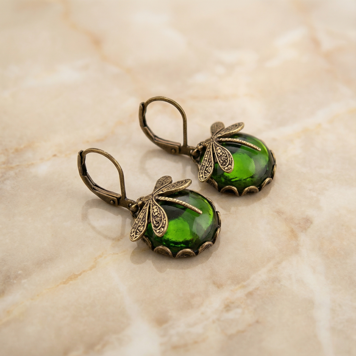 Spherical Dragonfly Earrings in Antique Gold