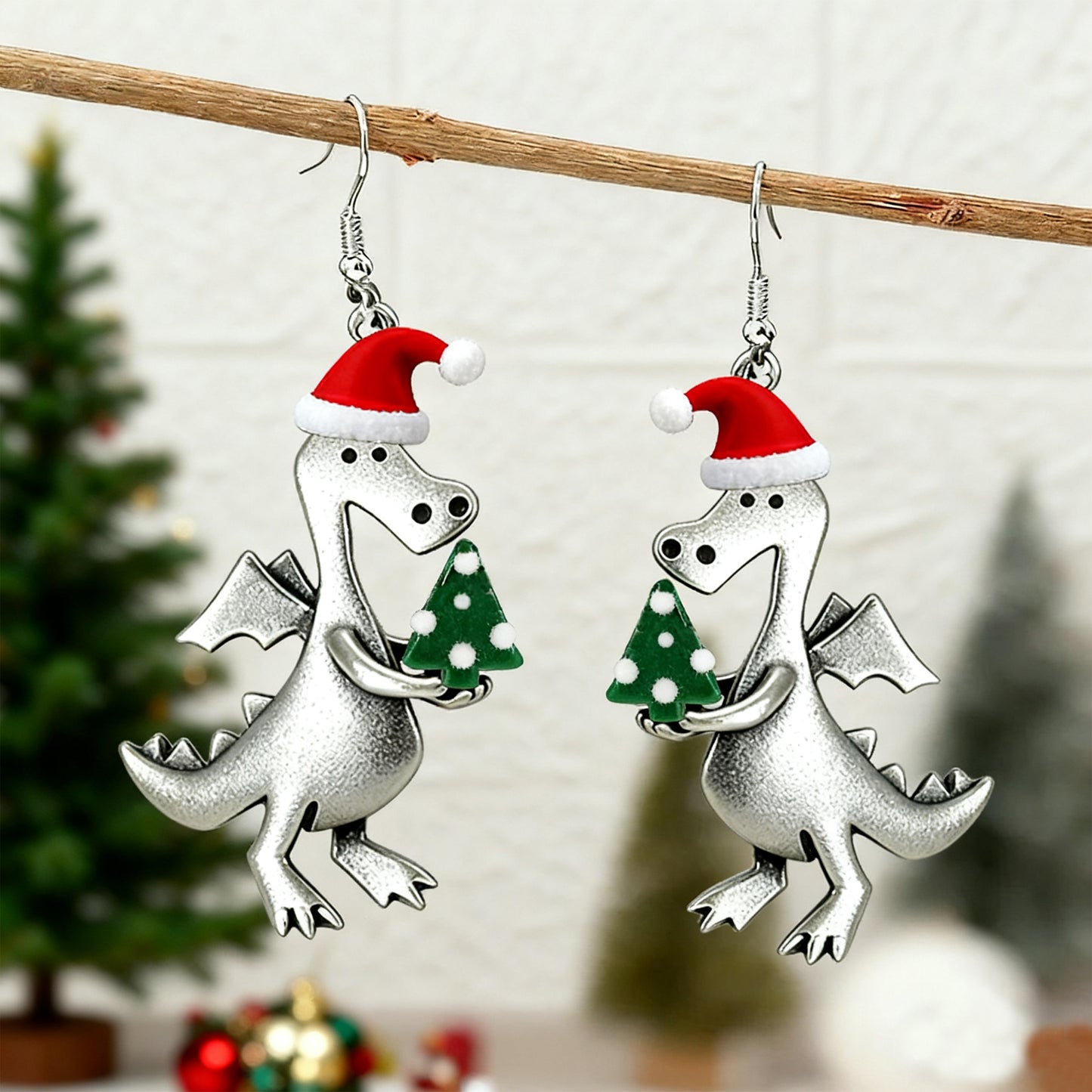 Christmas Santa Hat Holding A Small Christmas Tree Dinosaur Earrings