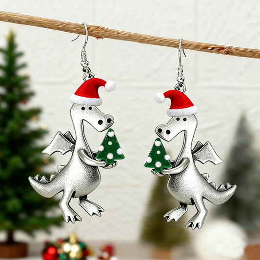 Christmas Santa Hat Holding A Small Christmas Tree Dinosaur Earrings