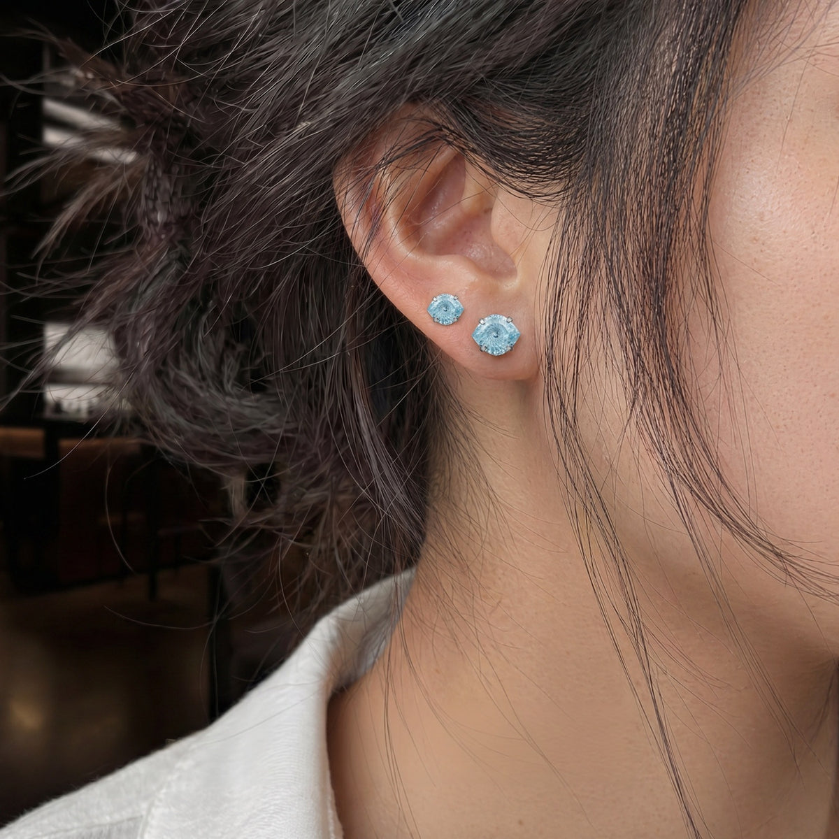 Evil Eye Crystal Stud Earrings – Spiral Cut Solitaire Gem Flat-Back Studs for Sensitive Ears (3 Colors)