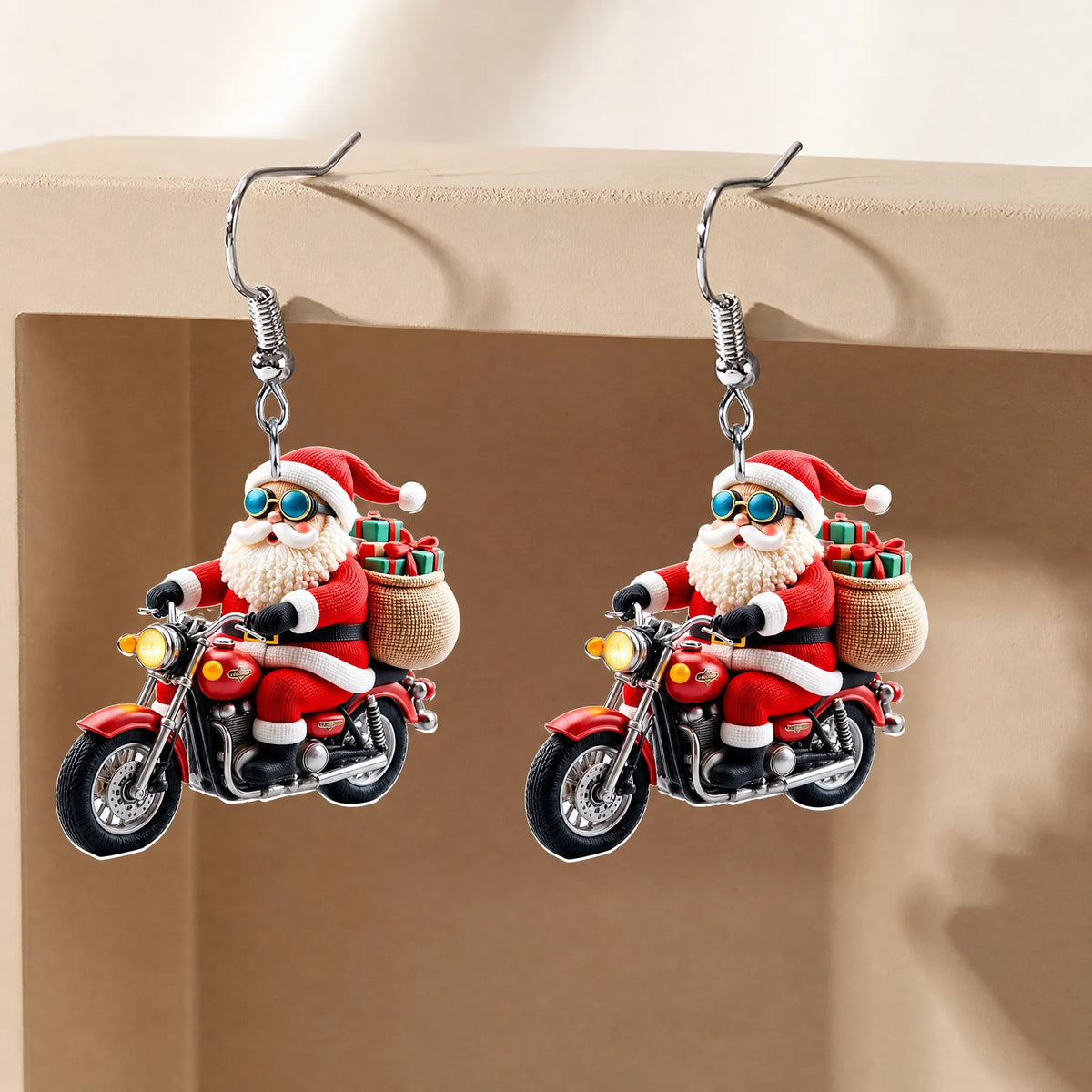 Santa Riding Motorcycle Christmas Earrings