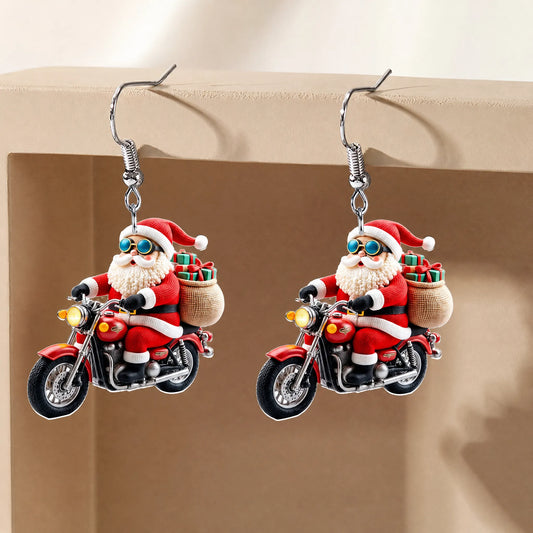 Santa Riding Motorcycle Christmas Earrings