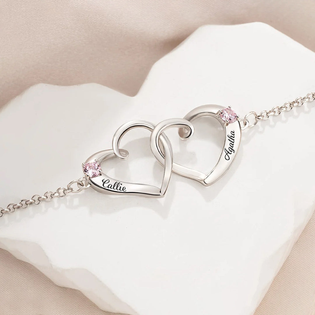 For Love - Custom Names & Birthstones Interlocking Double Hearts Bracelet