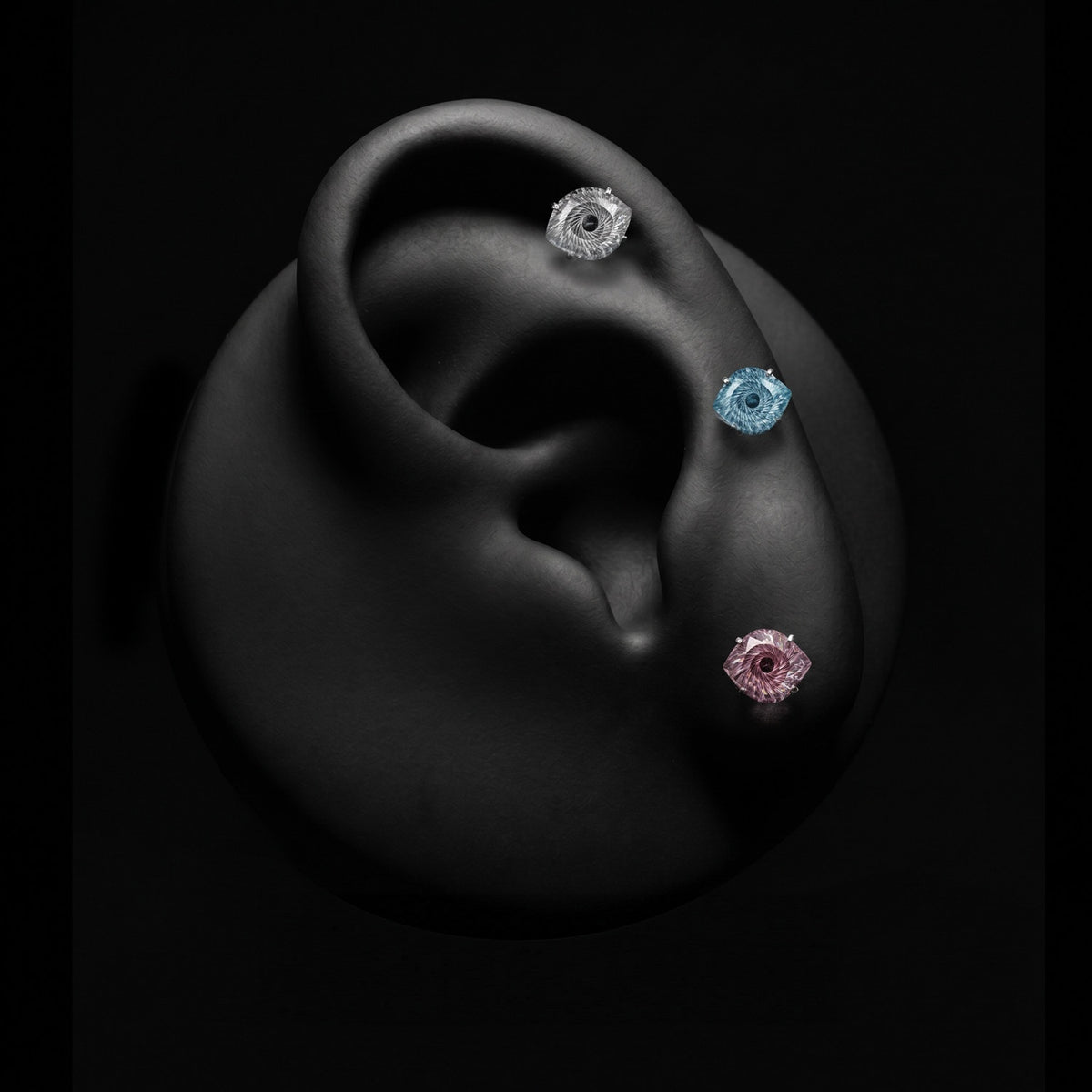 Evil Eye Crystal Stud Earrings – Spiral Cut Solitaire Gem Flat-Back Studs for Sensitive Ears (3 Colors)