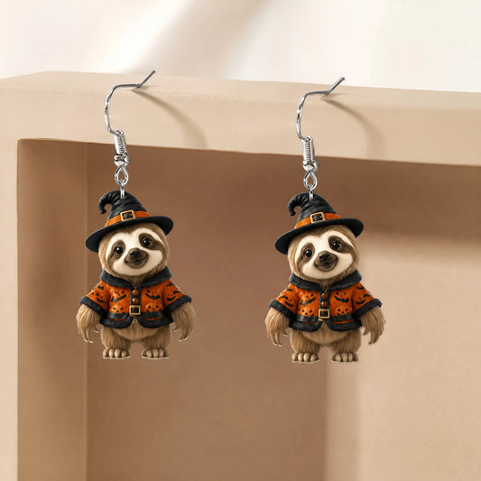 Sloth In Pumpkin Bat Coat Witch Hat Cute Halloween Earrings