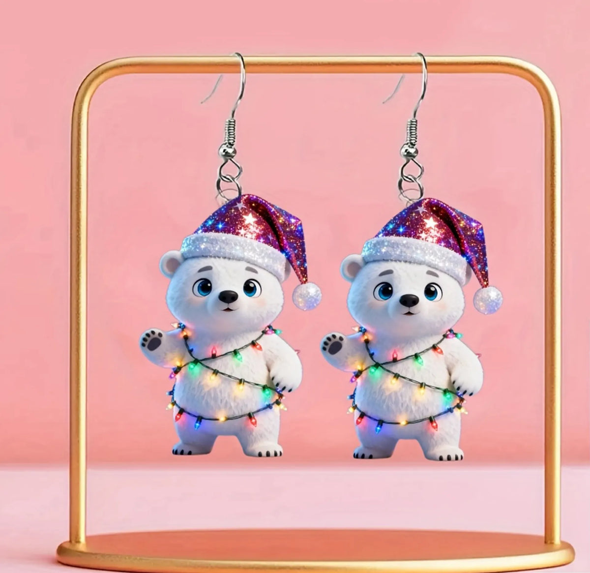 Christmas Cute Polar bear with Santa Hat & Twinkling Earrings