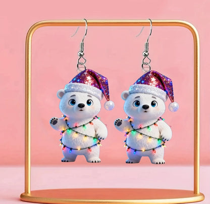 Christmas Cute Polar bear with Santa Hat & Twinkling Earrings