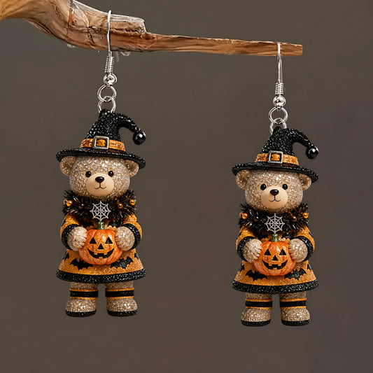 Sparkly Glitter Teddy Bear Witch Halloween Earrings
