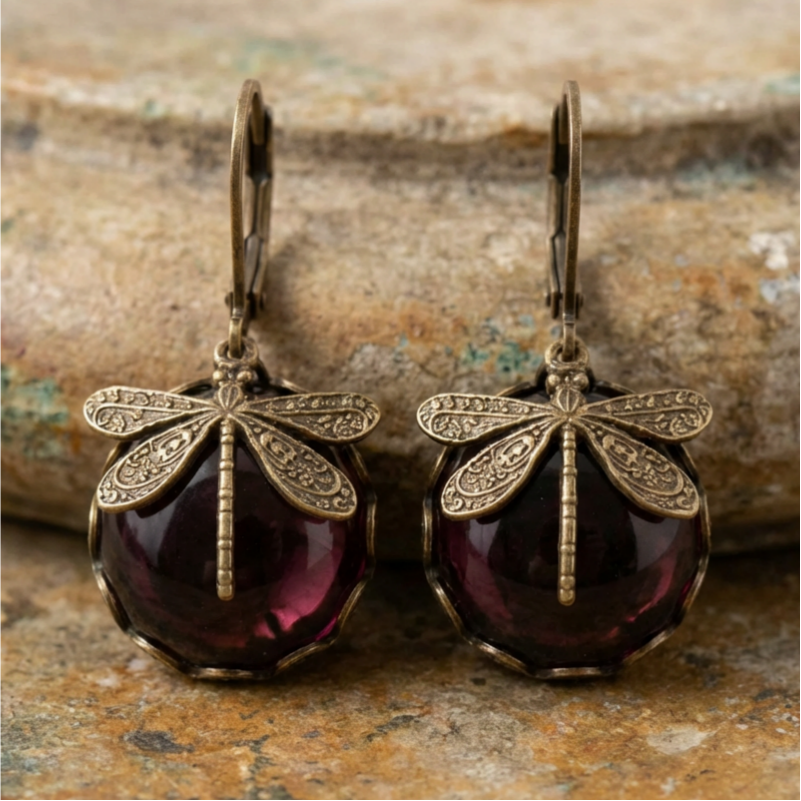 Spherical Dragonfly Earrings in Antique Gold