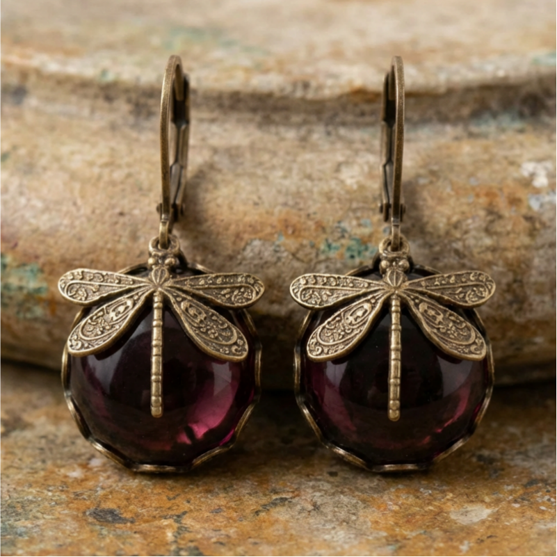 Spherical Dragonfly Earrings in Antique Gold