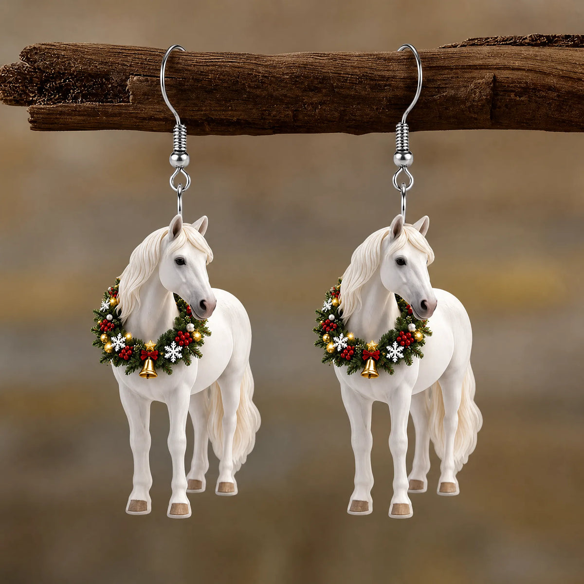 White Horse Christmas Wreath Dangle Earrings