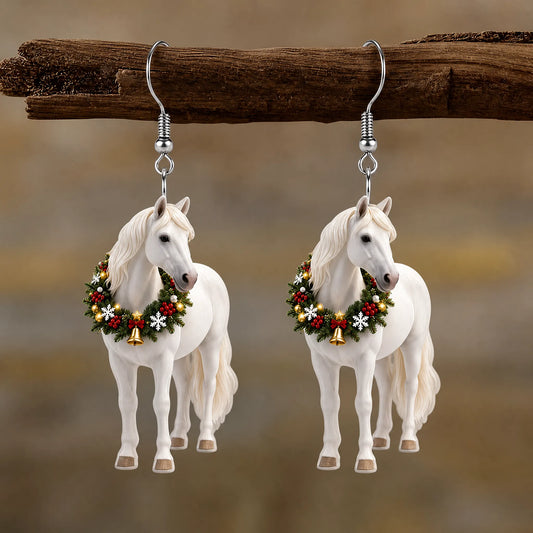 White Horse Christmas Wreath Dangle Earrings