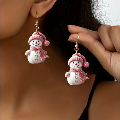 Elegant Pink AcrylicChristmas Snowman Earrings