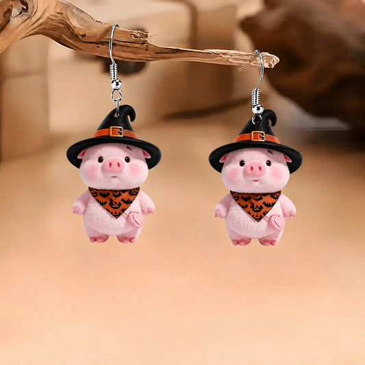 Fluffy Pink Pig Witch Bandana Bat Print Halloween Acrylic Earrings