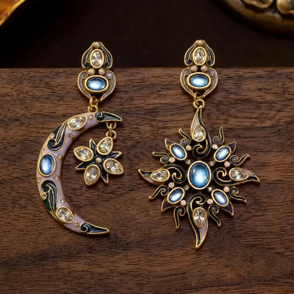 Vintage Asymmetric Sun Moon Celestial Dangle Earrings