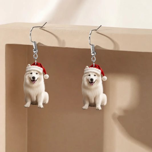 Christmas Samoyed Dog Dangle Earrings