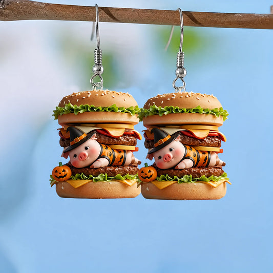 Cute Pig In Bat Print Costume Inside Cheeseburger Halloween Acrylic Earrings