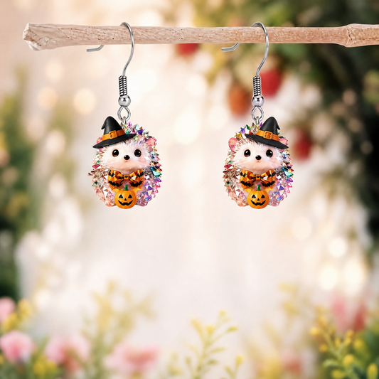 Hedgehog Witch Hat Pumpkin Bow Halloween Acrylic Earrings
