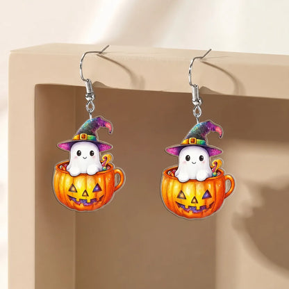 Ghost In Pumpkin Cup Dangle Earrings