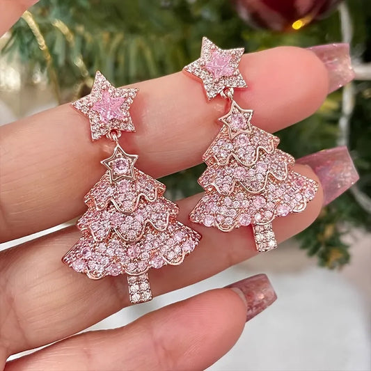 Elegant Pink Christmas Tree Drop Earrings