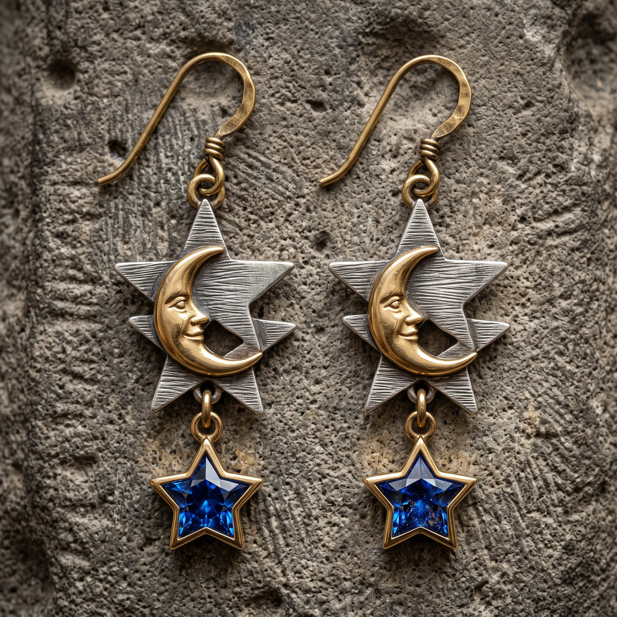 Vintage Two?\Tone Moon Star Dangle Earrings