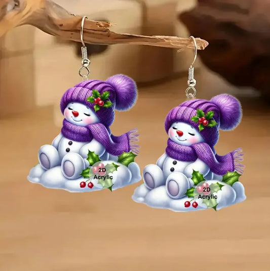 Christmas Purple Hat Snowman Earrings
