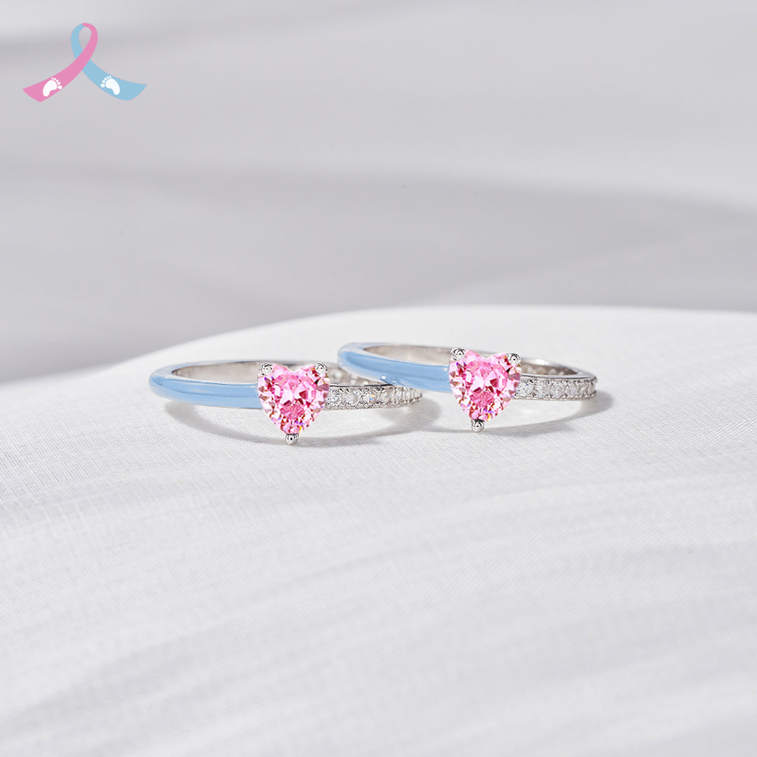 For Memorial - Mama Of An Angel Pink Heart & Blue Heart Ring