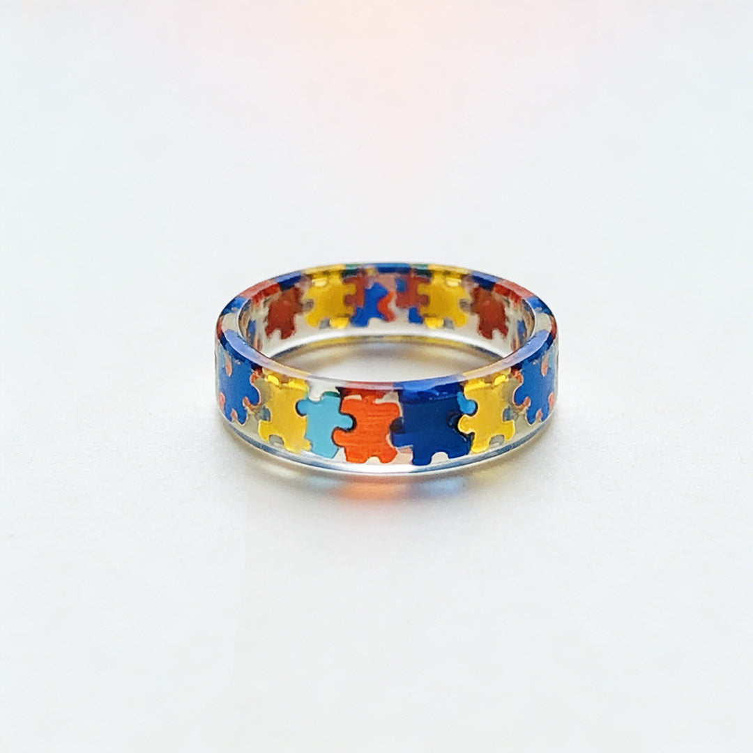 Autism Awareness-Transparent Resin Puzzle Ring - Shipped after 4 Weeks