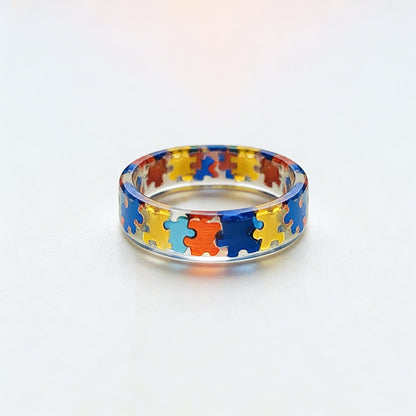 Autism Awareness-Transparent Resin Puzzle Ring - Shipped after 4 Weeks
