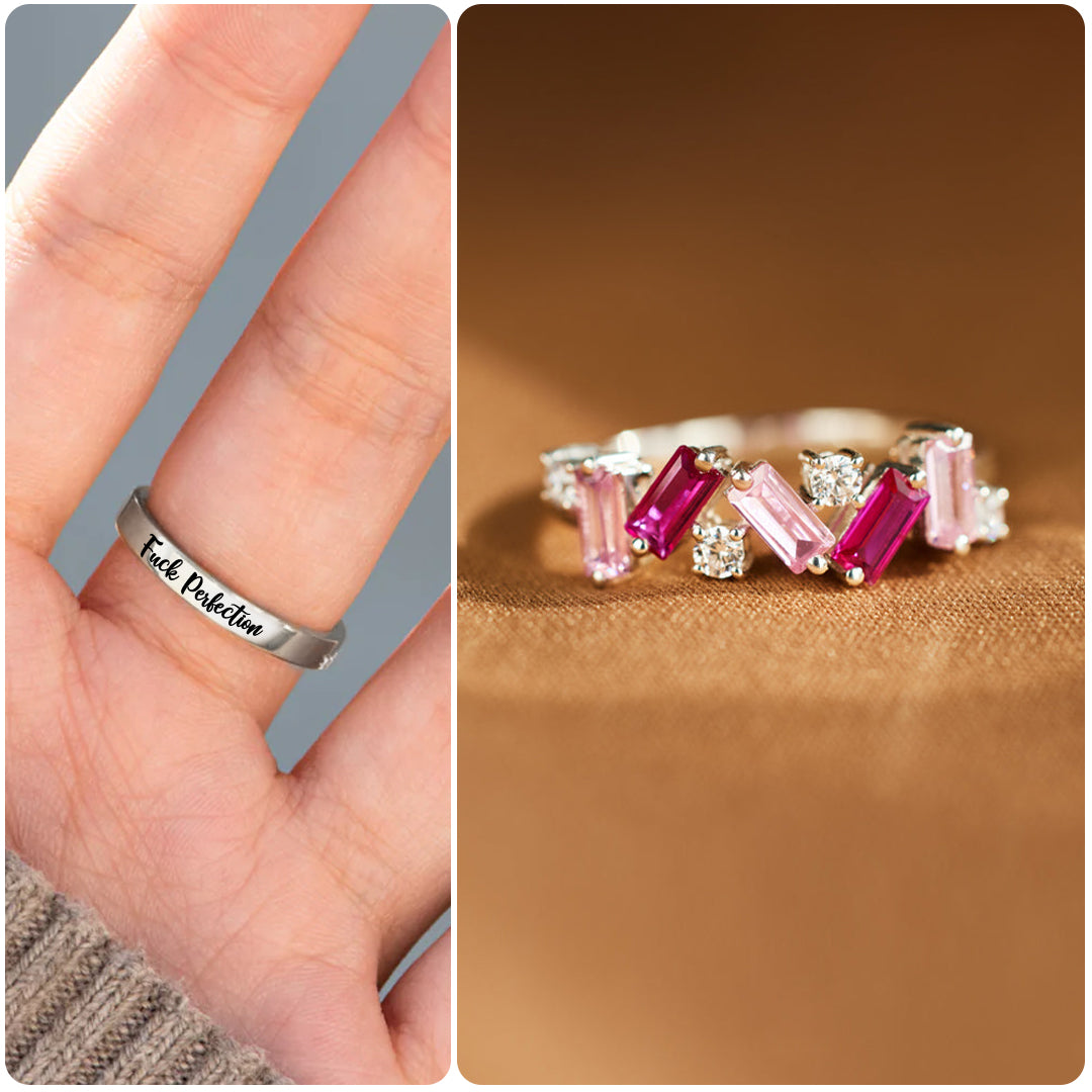 Fuck Perfection Engraved Pink Cubic Zirconia Ring