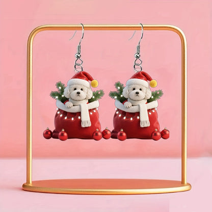 Christmas Cute Poodle in Santa Hat & Scarf Acrylic Earrings