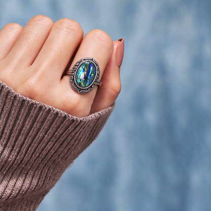 Vintage Carved Natural Abalone Shell Adjustable Ring, Boho Statement Jewelry