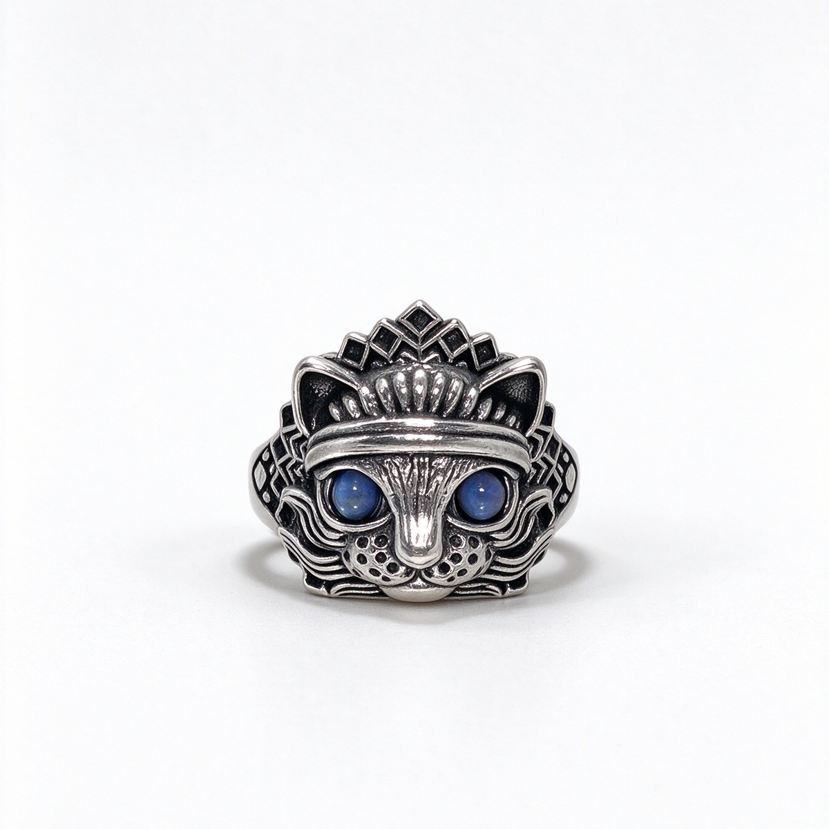 Natural Moonstone Cat Ring, Vintage S925 Blue Eye Moonstone Cat Head Ring for Men & Women