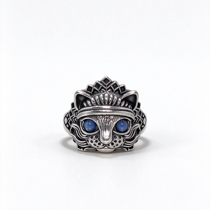 Natural Moonstone Cat Ring, Vintage S925 Blue Eye Moonstone Cat Head Ring for Men & Women