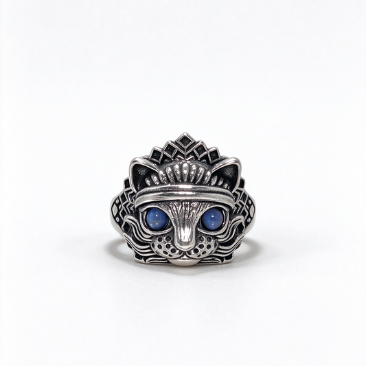 Natural Moonstone Cat Ring, Vintage S925 Blue Eye Moonstone Cat Head Ring for Men & Women