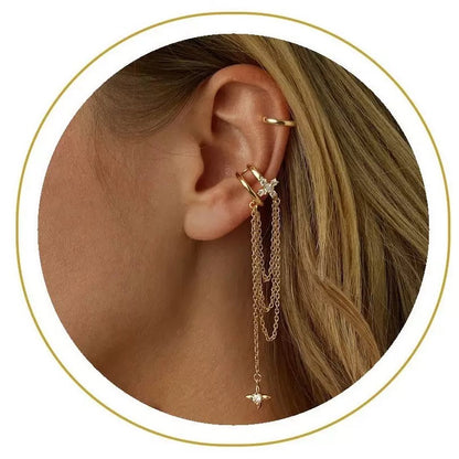 Diamond Cross Cartilage Ear Cuff with Star Tassel Chain Huggie Hoop Earring, Non Pierced Ear Cuff