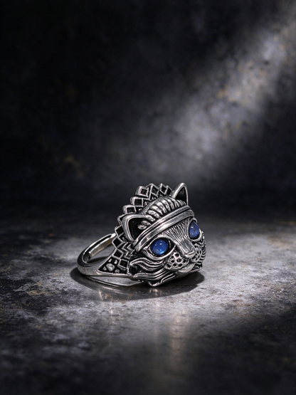 Natural Moonstone Cat Ring, Vintage S925 Blue Eye Moonstone Cat Head Ring for Men & Women