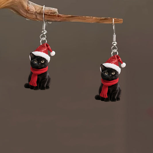 Christmas Black Cat Earrings with Santa Hat & Red Scarf