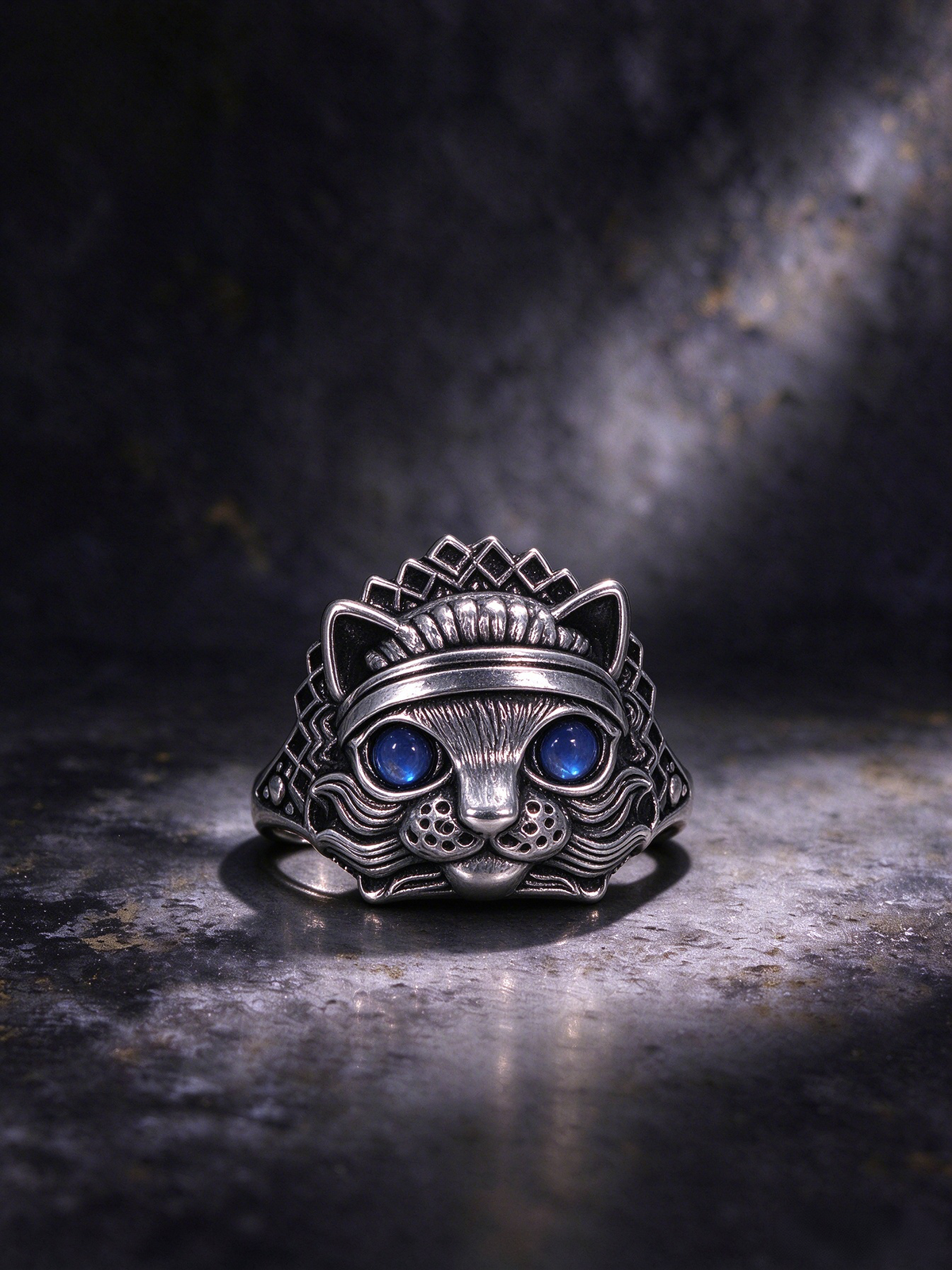 Natural Moonstone Cat Ring, Vintage S925 Blue Eye Moonstone Cat Head Ring for Men & Women
