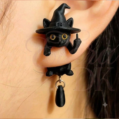 Halloween - Witch's Hat Black Cat Middle Finger Earring