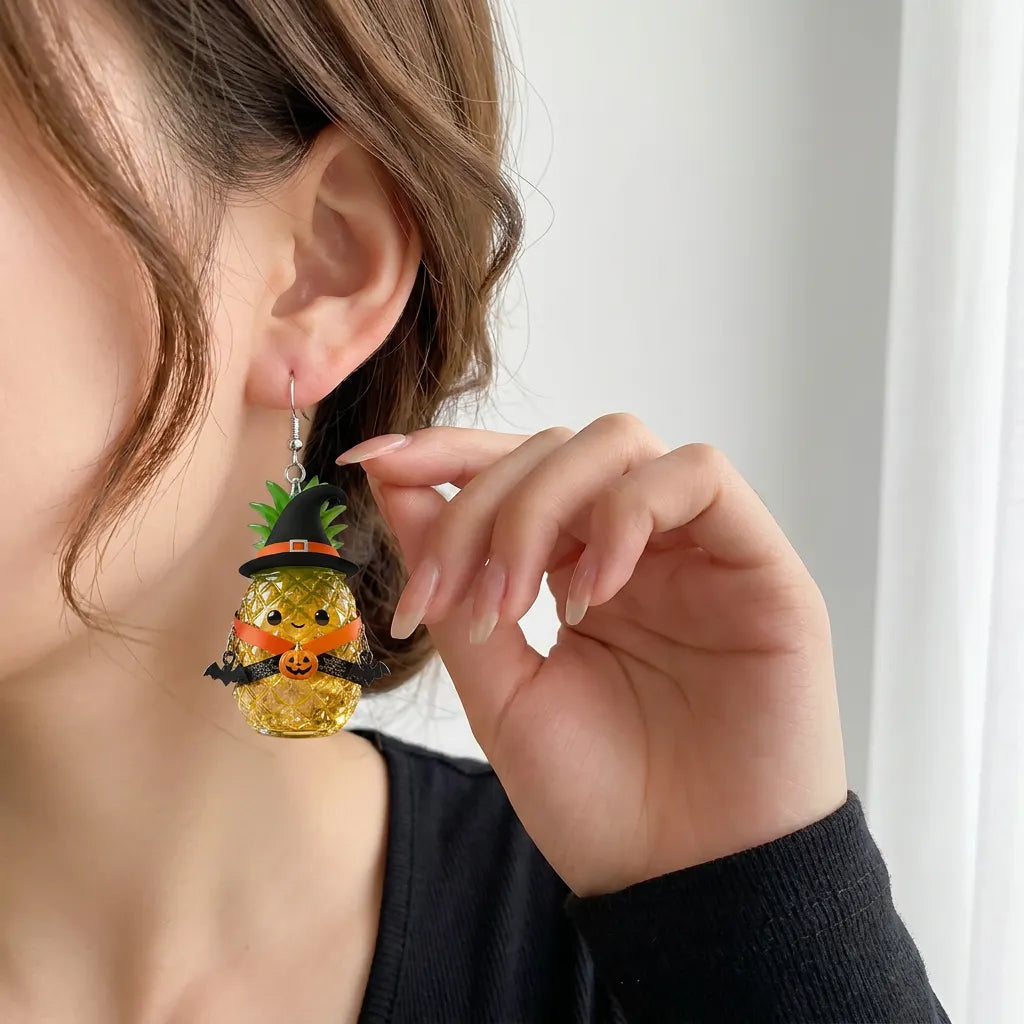 Pineapple Witch Hat Bat Pumpkin Ribbon Halloween Earrings